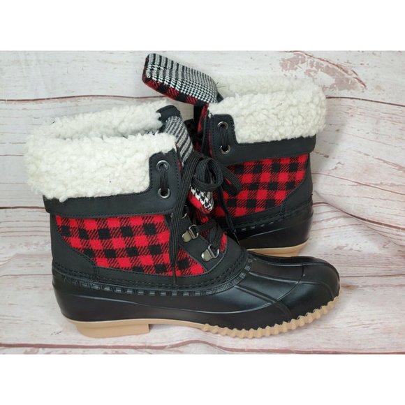 Nature Soft Comfortable Black Red Plaid Faux Fur Rain Snow Boots Cozy Size 8M - Picture 10 of 12